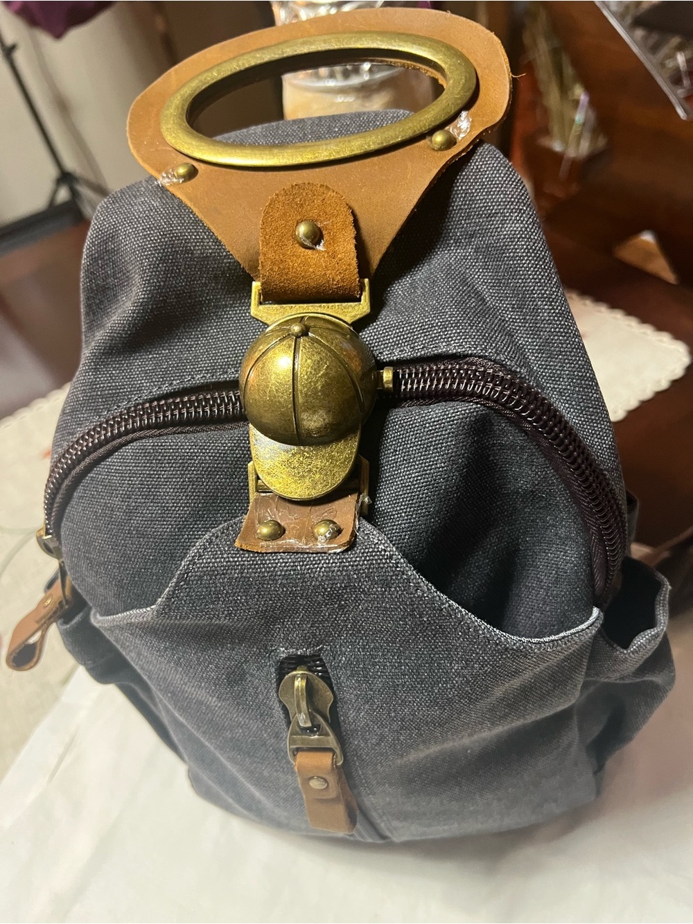 Compact Gray Canvas Men's Backpack with Leather Trim